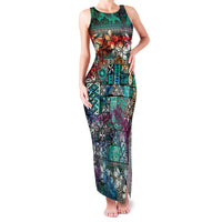Pacific Hibiscus Tapa Tribal Vintage Family Matching Tank Maxi Dress and Hawaiian Shirt Turquoise Motif LT9 Mom's Dress Turquoise - Polynesian Pride