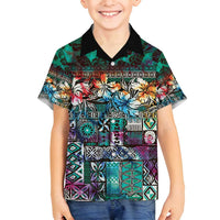 Pacific Hibiscus Tapa Tribal Vintage Family Matching Tank Maxi Dress and Hawaiian Shirt Turquoise Motif LT9 Son's Shirt Turquoise - Polynesian Pride