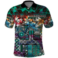 Pacific Hibiscus Tapa Tribal Vintage Polo Shirt Turquoise Motif