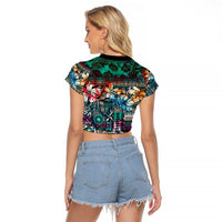 Pacific Hibiscus Tapa Tribal Vintage Raglan Cropped T Shirt Turquoise Motif