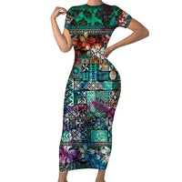 Pacific Hibiscus Tapa Tribal Vintage Short Sleeve Bodycon Dress Turquoise Motif LT9 Long Dress Turquoise - Polynesian Pride