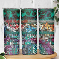 Pacific Hibiscus Tapa Tribal Vintage Skinny Tumbler Turquoise Motif LT9 - Polynesian Pride