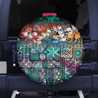 Pacific Hibiscus Tapa Tribal Vintage Spare Tire Cover Turquoise Motif