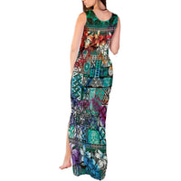 Pacific Hibiscus Tapa Tribal Vintage Tank Maxi Dress Turquoise Motif
