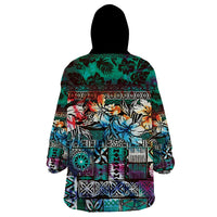 Pacific Hibiscus Tapa Tribal Vintage Wearable Blanket Hoodie Turquoise Motif
