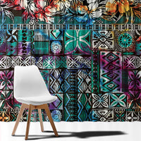 Pacific Hibiscus Tapa Tribal Vintage Window Curtain Turquoise Motif