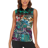 Pacific Hibiscus Tapa Tribal Vintage Women Sleeveless Polo Shirt Turquoise Motif LT9 - Polynesian Pride