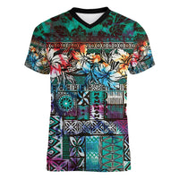 Pacific Hibiscus Tapa Tribal Vintage Women V-Neck T-Shirt Turquoise Motif LT9 Female Turquoise - Polynesian Pride