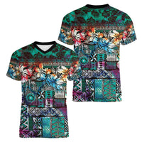 Pacific Hibiscus Tapa Tribal Vintage Women V-Neck T-Shirt Turquoise Motif LT9 - Polynesian Pride