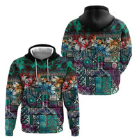 Pacific Hibiscus Tapa Tribal Vintage Zip Hoodie Turquoise Motif