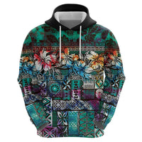 Pacific Hibiscus Tapa Tribal Vintage Zip Hoodie Turquoise Motif