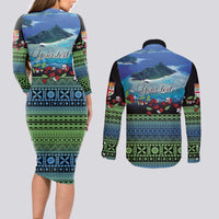 Personalised Fiji Viti Levu Couples Matching Long Sleeve Bodycon Dress and Long Sleeve Button Shirt Tagimoucia and Tapa Tribal Pattern