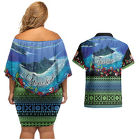 Personalised Fiji Viti Levu Couples Matching Off Shoulder Short Dress and Hawaiian Shirt Tagimoucia and Tapa Tribal Pattern