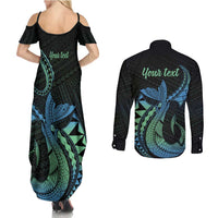 Personalised Hawaii Kure Atoll Couples Matching Summer Maxi Dress and Long Sleeve Button Shirt Holaniku Coral Reef with Polynesian Tribal