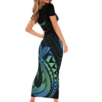 Personalised Hawaii Kure Atoll Family Matching Short Sleeve Bodycon Dress and Hawaiian Shirt Holaniku Coral Reef with Polynesian Tribal