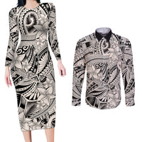 Polynesia Couples Matching Long Sleeve Bodycon Dress and Long Sleeve Button Shirt Tribal Polynesian Spirit With Beige Pacific Flowers LT9 Beige - Polynesian Pride