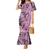 Polynesia Family Matching Mermaid Dress and Hawaiian Shirt Tribal Polynesian Spirit With Pink Pacific Flowers LT9 Mom's Dress Pink - Polynesian Pride