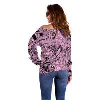 Polynesia Off Shoulder Sweater Tribal Polynesian Spirit With Pink Pacific Flowers LT9 - Polynesian Pride