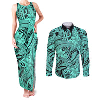 Polynesia Couples Matching Tank Maxi Dress and Long Sleeve Button Shirt Tribal Polynesian Spirit With Teal Pacific Flowers LT9 Teal - Polynesian Pride