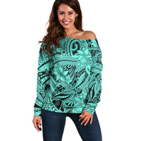 Polynesia Off Shoulder Sweater Tribal Polynesian Spirit With Teal Pacific Flowers LT9 Women Teal - Polynesian Pride