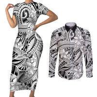 Polynesia Couples Matching Short Sleeve Bodycon Dress and Long Sleeve Button Shirt Tribal Polynesian Spirit With White Pacific Flowers LT9 White - Polynesian Pride