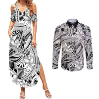 Polynesia Couples Matching Summer Maxi Dress and Long Sleeve Button Shirt Tribal Polynesian Spirit With White Pacific Flowers LT9 White - Polynesian Pride