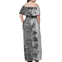 Polynesia Off Shoulder Maxi Dress Hibiscus and Hawaiian Tribal Tattoo Retro Style Gray Color LT9 - Polynesian Pride