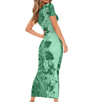 Polynesia Short Sleeve Bodycon Dress Hibiscus and Hawaiian Tribal Tattoo Retro Style Green Color LT9 - Polynesian Pride