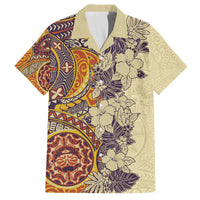 Polynesia Family Matching Tank Maxi Dress and Hawaiian Shirt Hibiscus and Hawaiian Tribal Tattoo Retro Style Tan Color LT9 Dad's Shirt - Short Sleeve Tan - Polynesian Pride