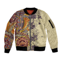 Polynesia Sleeve Zip Bomber Jacket Hibiscus and Hawaiian Tribal Tattoo Retro Style Tan Color LT9 Unisex Tan - Polynesian Pride