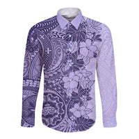 Polynesia Long Sleeve Button Shirt Hibiscus and Hawaiian Tribal Tattoo Retro Style Violet Color LT9 Unisex Violet - Polynesian Pride