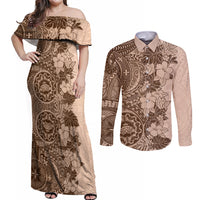 Polynesia Couples Matching Off Shoulder Maxi Dress and Long Sleeve Button Shirt Hibiscus and Hawaiian Tribal Tattoo Retro Style Pink Pastel LT9 Pink Pastel - Polynesian Pride