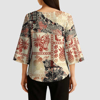 Hawaii Beige Version Kimono Sleeve Blouse Aloha Tribal Pattern - Polynesian Pride