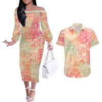Hawaii Couples Matching Off The Shoulder Long Sleeve Dress and Hawaiian Shirt Aloha Tribal Pattern Sweat Pink Ombre LT9 Pink - Polynesian Pride