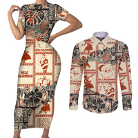 Aloha Hawaii Christmas Couples Matching Short Sleeve Bodycon Dress and Long Sleeve Button Shirt Mele Kalikimaka Tapa Tribal Retro Style LT9 Beige - Polynesian Pride