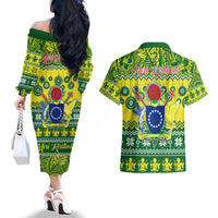 Cook Islands Christmas Couples Matching Off The Shoulder Long Sleeve Dress and Hawaiian Shirt Santa Beach Meri Kiritimiti LT9 - Polynesian Pride