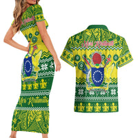 Cook Islands Christmas Couples Matching Short Sleeve Bodycon Dress and Hawaiian Shirt Santa Beach Meri Kiritimiti LT9 - Polynesian Pride