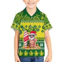 Cook Islands Christmas Family Matching Off Shoulder Long Sleeve Dress and Hawaiian Shirt Santa Beach Meri Kiritimiti LT9 Son's Shirt Green - Polynesian Pride