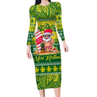 Cook Islands Christmas Long Sleeve Bodycon Dress Santa Beach Meri Kiritimiti LT9 Long Dress Green - Polynesian Pride