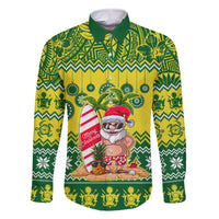 Personalised Cook Islands Christmas Family Matching Long Sleeve Bodycon Dress and Hawaiian Shirt Santa Beach Meri Kiritimiti LT9 Dad's Shirt - Long Sleeve Green - Polynesian Pride