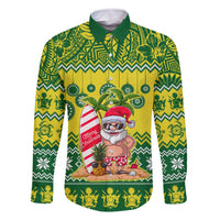 Personalised Cook Islands Christmas Family Matching Mermaid Dress and Hawaiian Shirt Santa Beach Meri Kiritimiti LT9 Dad's Shirt - Long Sleeve Green - Polynesian Pride