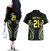 Custom Rugby Cook Islands Avaiki Couples Matching Off The Shoulder Long Sleeve Dress and Hawaiian Shirt Black Kuki Airani Tribal Maori Inspired - Polynesian Pride