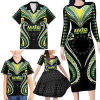 Custom Rugby Cook Islands Avaiki Family Matching Long Sleeve Bodycon Dress and Hawaiian Shirt Black Kuki Airani Tribal Maori Inspired - Polynesian Pride