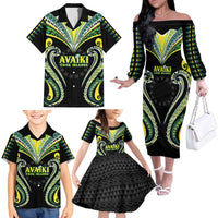 Custom Rugby Cook Islands Avaiki Family Matching Off The Shoulder Long Sleeve Dress and Hawaiian Shirt Black Kuki Airani Tribal Maori Inspired - Polynesian Pride