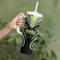 Custom Rugby Cook Islands Avaiki Tumbler With Handle Black Kuki Airani Tribal Maori Inspired - Polynesian Pride
