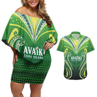 Custom Rugby Cook Islands Avaiki Couples Matching Off Shoulder Short Dress and Hawaiian Shirt Green Kuki Airani Tribal Maori Inspired - Polynesian Pride