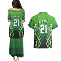 Custom Rugby Cook Islands Avaiki Couples Matching Puletasi and Hawaiian Shirt Green Kuki Airani Tribal Maori Inspired - Polynesian Pride