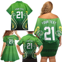 Custom Rugby Cook Islands Avaiki Family Matching Off Shoulder Short Dress and Hawaiian Shirt Green Kuki Airani Tribal Maori Inspired - Polynesian Pride
