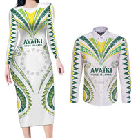 Custom Rugby Cook Islands Avaiki Couples Matching Long Sleeve Bodycon Dress and Long Sleeve Button Shirt White Kuki Airani Tribal Maori Inspired - Polynesian Pride