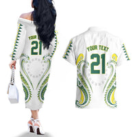 Custom Rugby Cook Islands Avaiki Couples Matching Off The Shoulder Long Sleeve Dress and Hawaiian Shirt White Kuki Airani Tribal Maori Inspired - Polynesian Pride